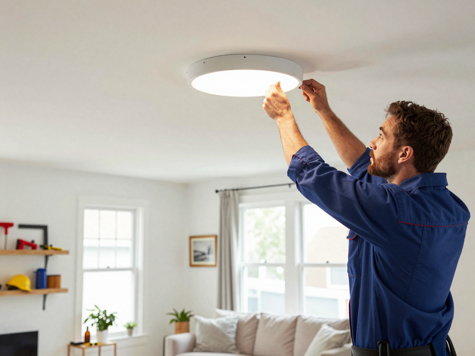 Electrician installing ceiling light in residential home